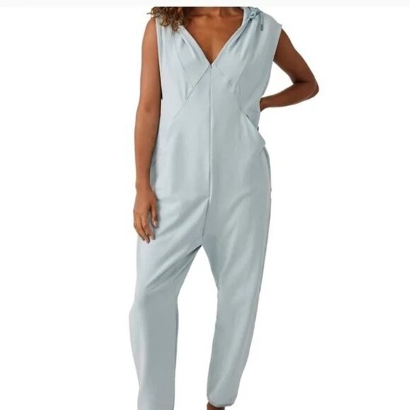 Free People Movement Nothing But Sweats Pastel Blue Hoodie Jumpsuit - Picture 2 of 11